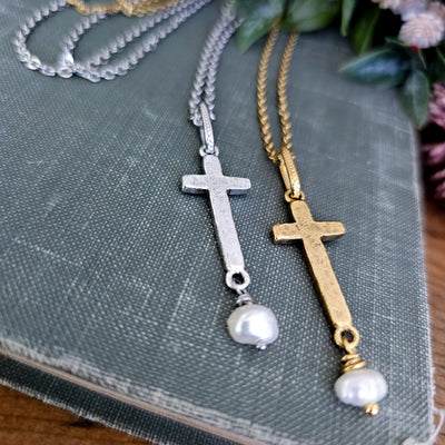 Hammered Cross + Pearl || Necklaces