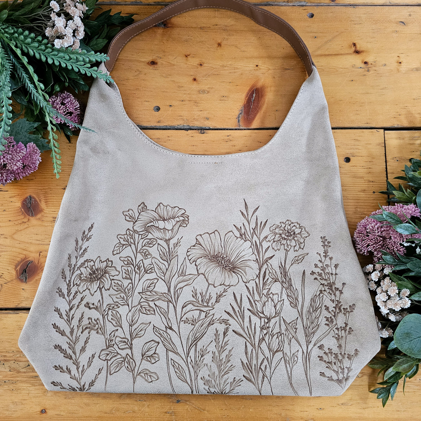 Wildflower Full || Freehand Burned Design || Light Tan Suede Tote Bag