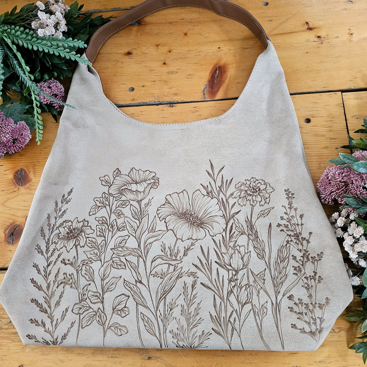 Wildflower Full || Freehand Burned Design || Light Tan Suede Tote Bag