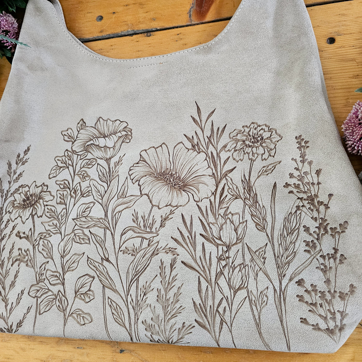 Wildflower Full || Freehand Burned Design || Light Tan Suede Tote Bag