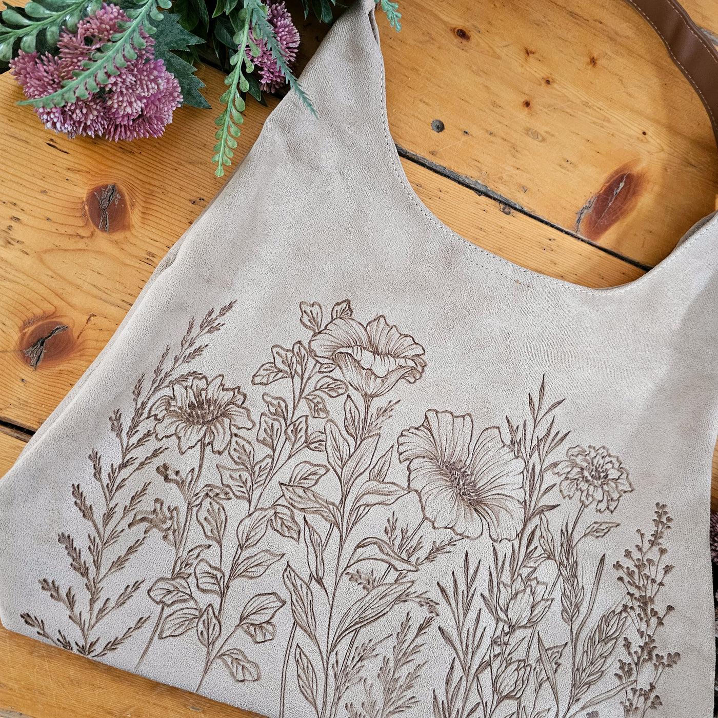 Wildflower Full || Freehand Burned Design || Light Tan Suede Tote Bag