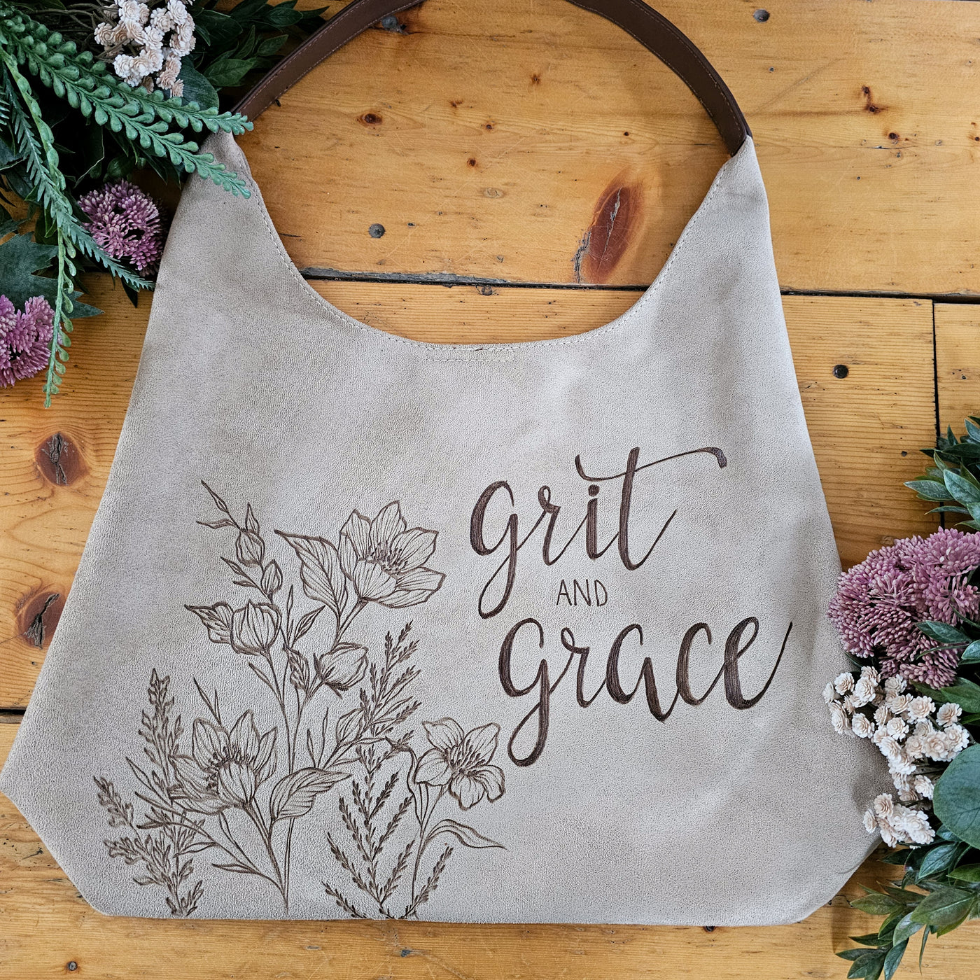 Grit & Grace || Freehand Burned Design || Light Tan Suede Tote Bag