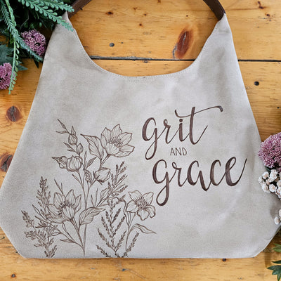 Grit & Grace || Freehand Burned Design || Light Tan Suede Tote Bag