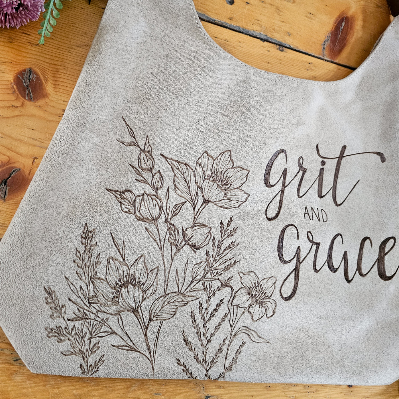 Grit & Grace || Freehand Burned Design || Light Tan Suede Tote Bag