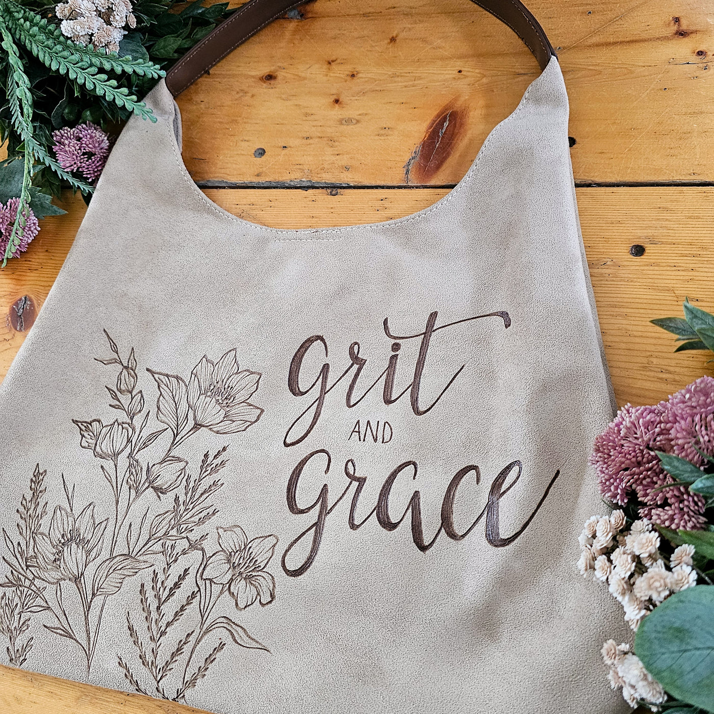 Grit & Grace || Freehand Burned Design || Light Tan Suede Tote Bag