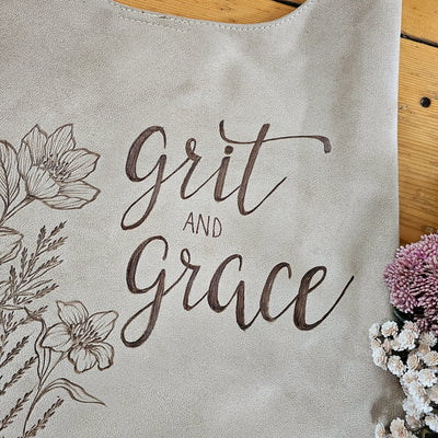 Grit & Grace || Freehand Burned Design || Light Tan Suede Tote Bag