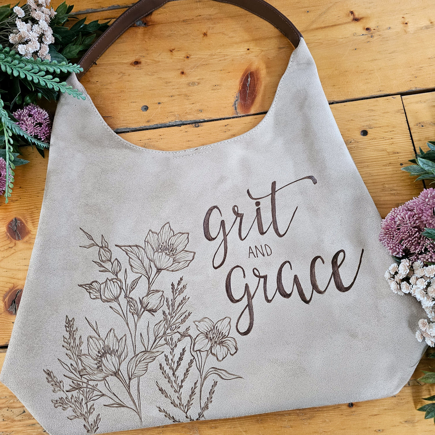 Grit & Grace || Freehand Burned Design || Light Tan Suede Tote Bag