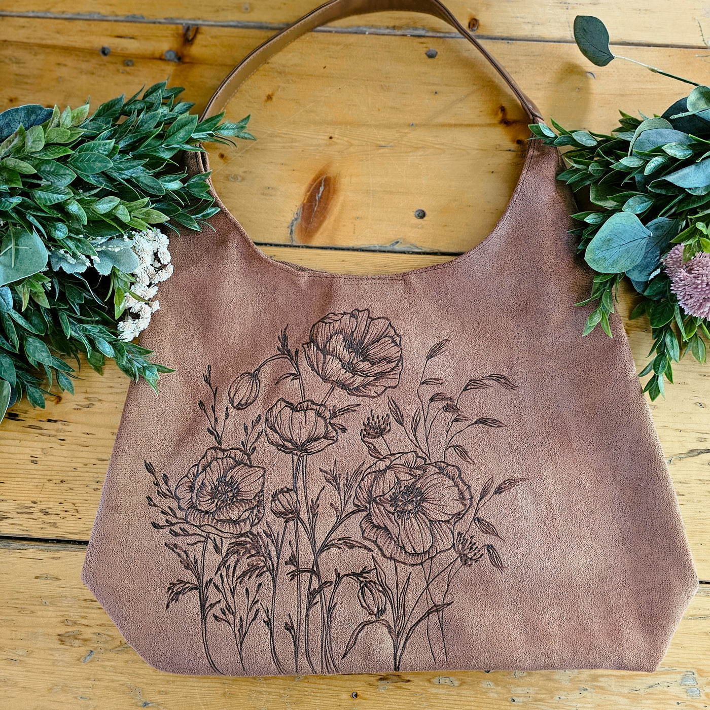 Poppy Field || Freehand Burned Design || Taupe/ Camel Color Suede Tote Bag