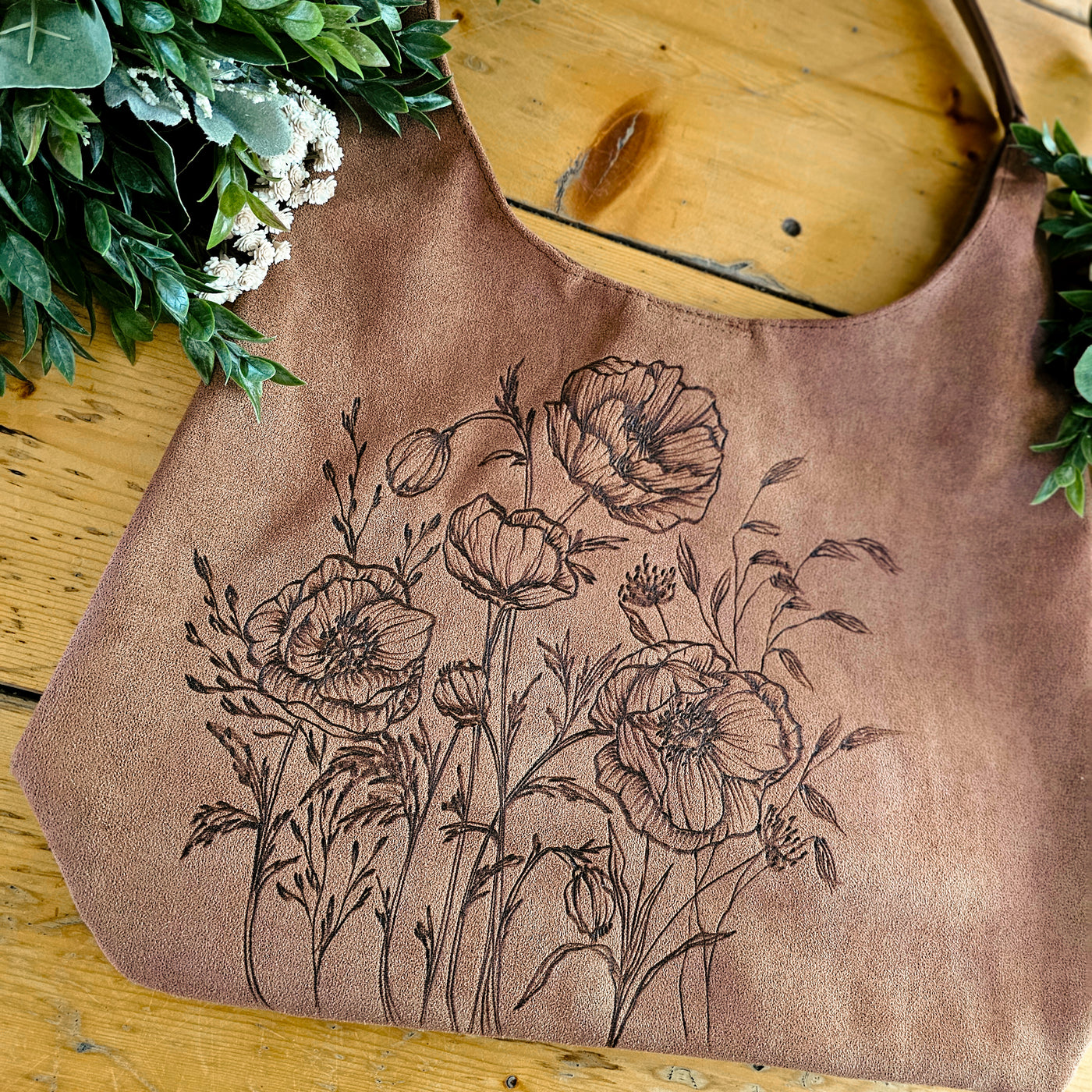 Poppy Field || Freehand Burned Design || Taupe/ Camel Color Suede Tote Bag