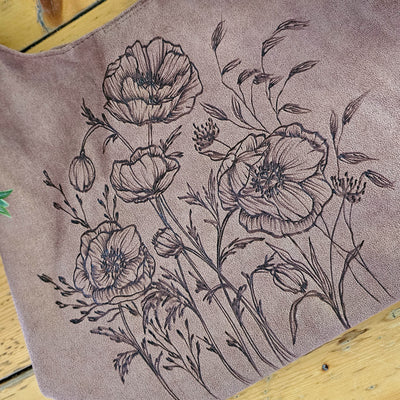 Poppy Field || Freehand Burned Design || Taupe/ Camel Color Suede Tote Bag