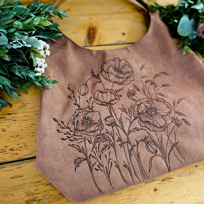 Poppy Field || Freehand Burned Design || Taupe/ Camel Color Suede Tote Bag