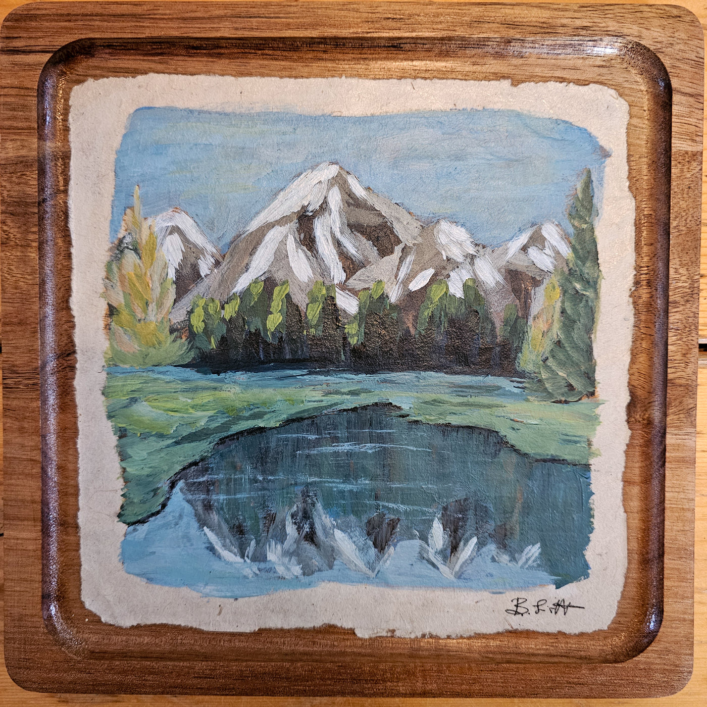 Mountain Reflection || Acrylic Painted Wood Art || 8x8 Acacia Wood