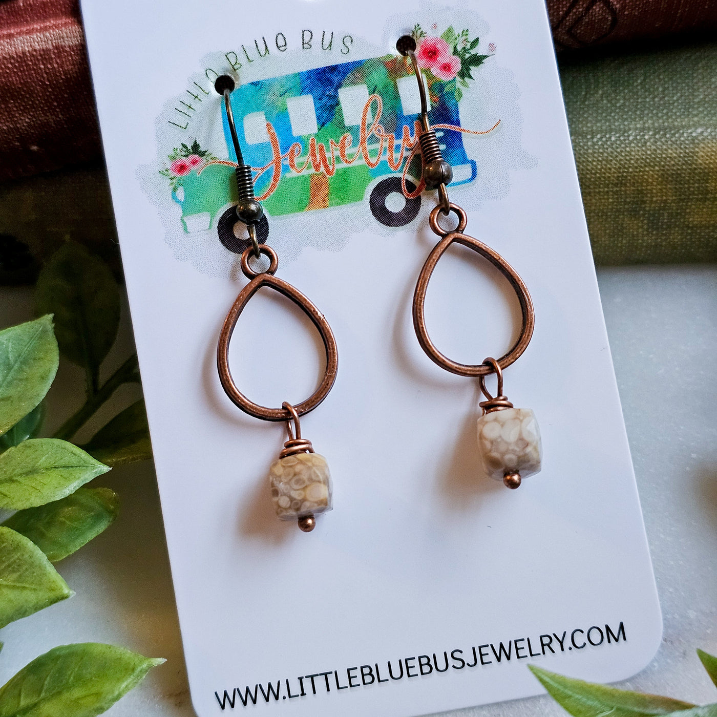 Fossil Coral + Mini Copper Teardrop || Earrings