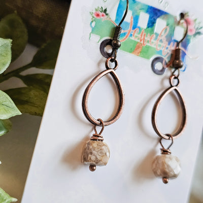 Fossil Coral + Mini Copper Teardrop || Earrings