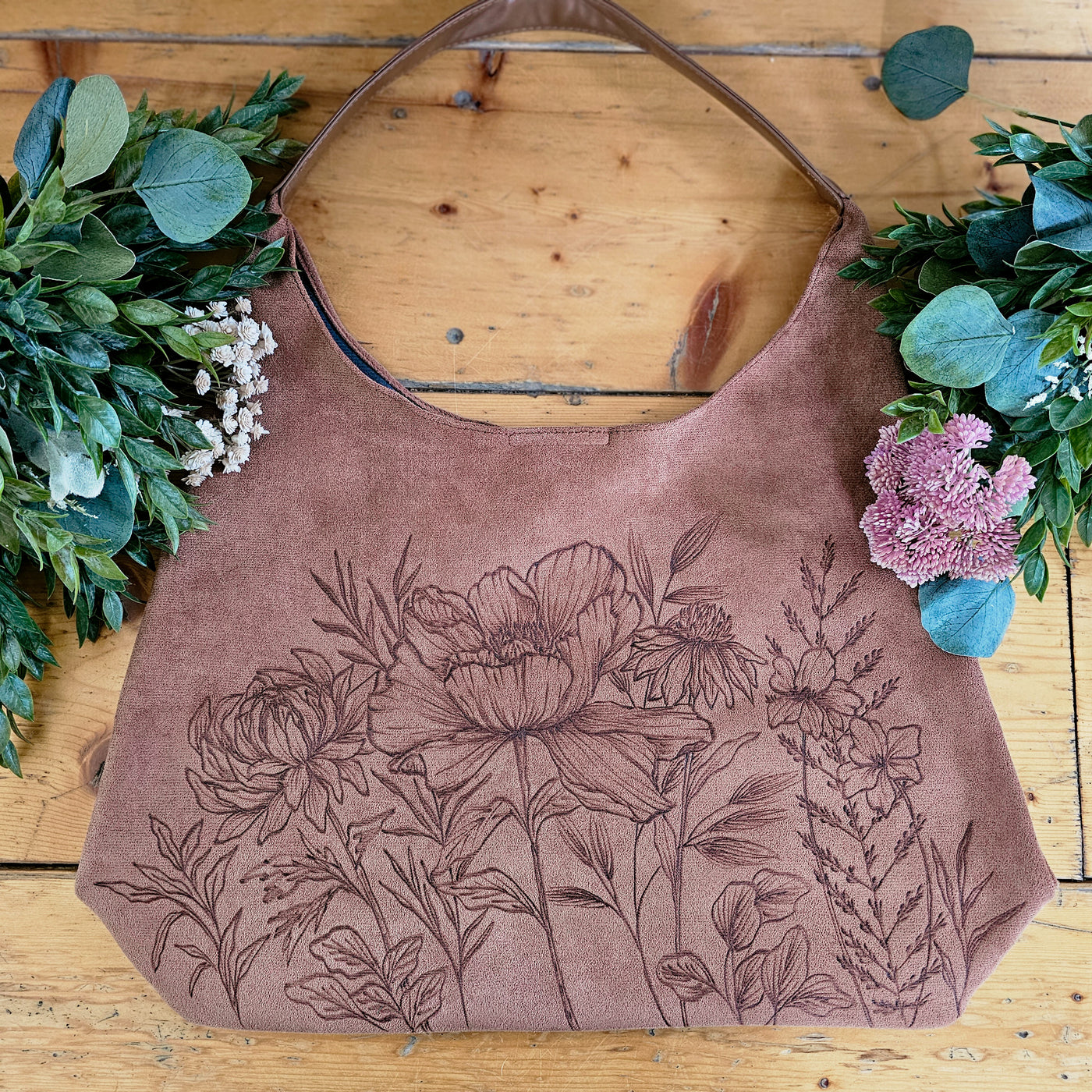 Blooms  || Freehand Burned Design || Taupe/ Camel Color Suede Tote Bag