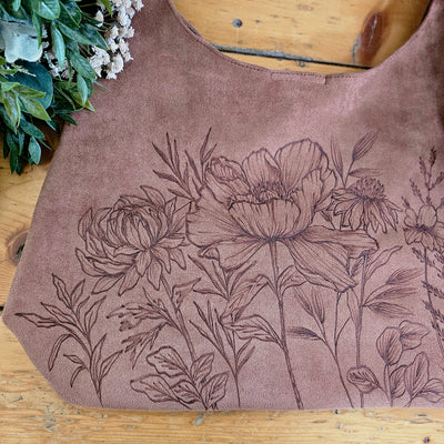 Blooms  || Freehand Burned Design || Taupe/ Camel Color Suede Tote Bag