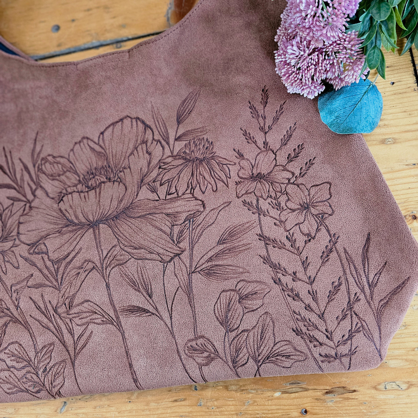 Blooms  || Freehand Burned Design || Taupe/ Camel Color Suede Tote Bag