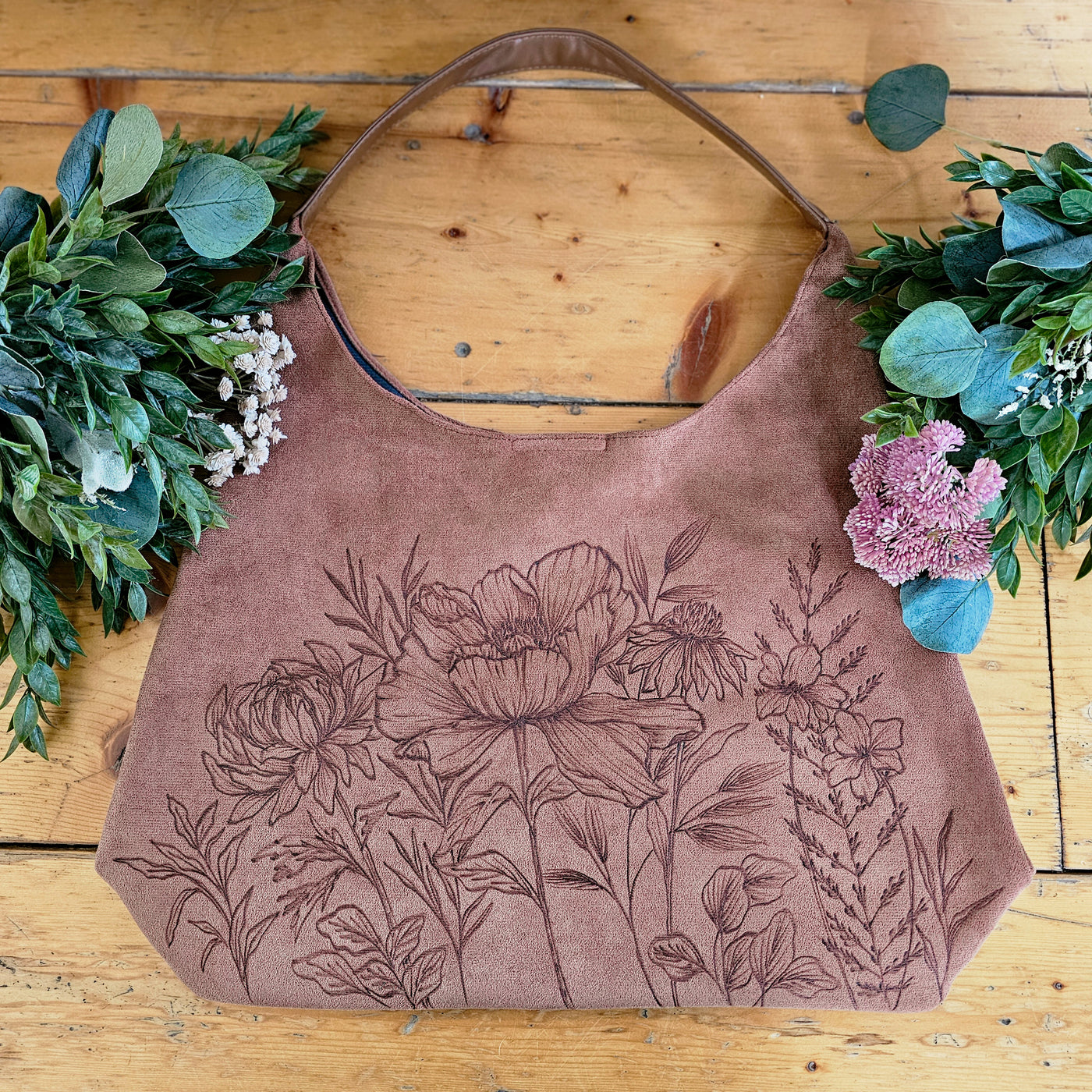 Blooms  || Freehand Burned Design || Taupe/ Camel Color Suede Tote Bag