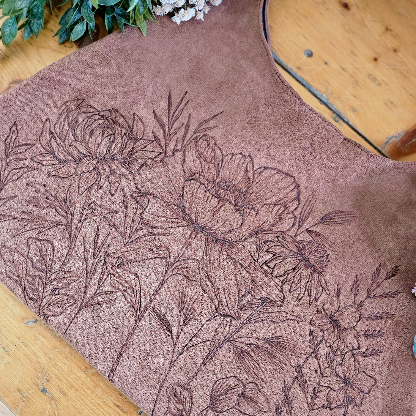 Blooms  || Freehand Burned Design || Taupe/ Camel Color Suede Tote Bag