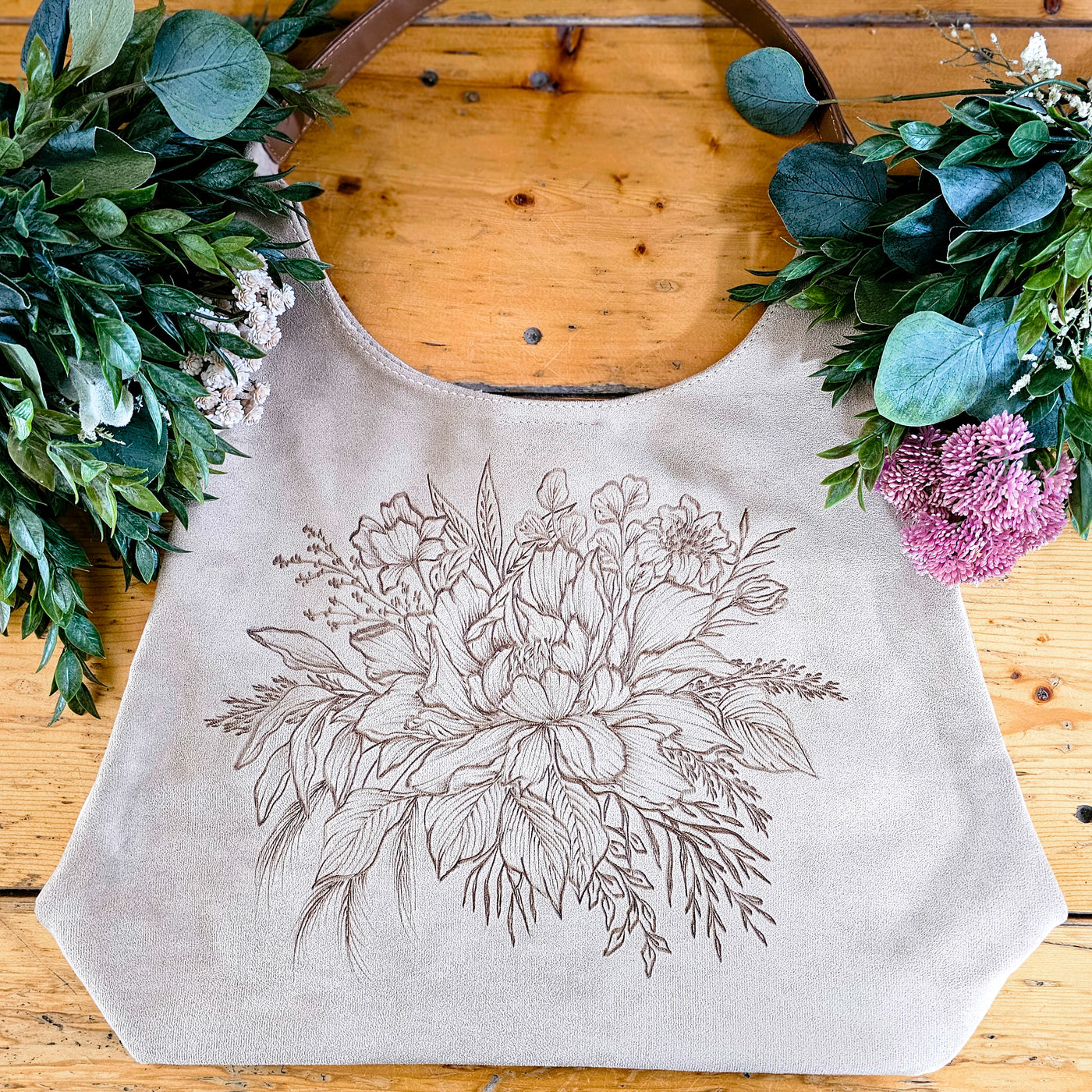 Peony Bouquet || Freehand Burned Design || Light Tan Color Suede Tote Bag