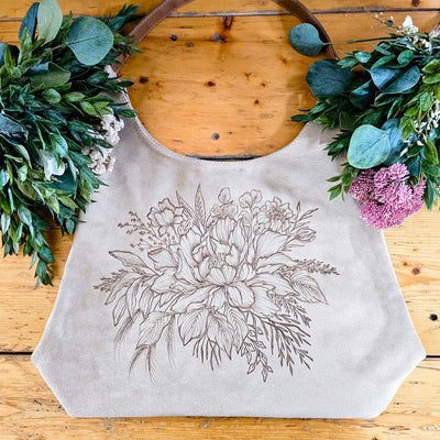 Peony Bouquet || Freehand Burned Design || Light Tan Color Suede Tote Bag