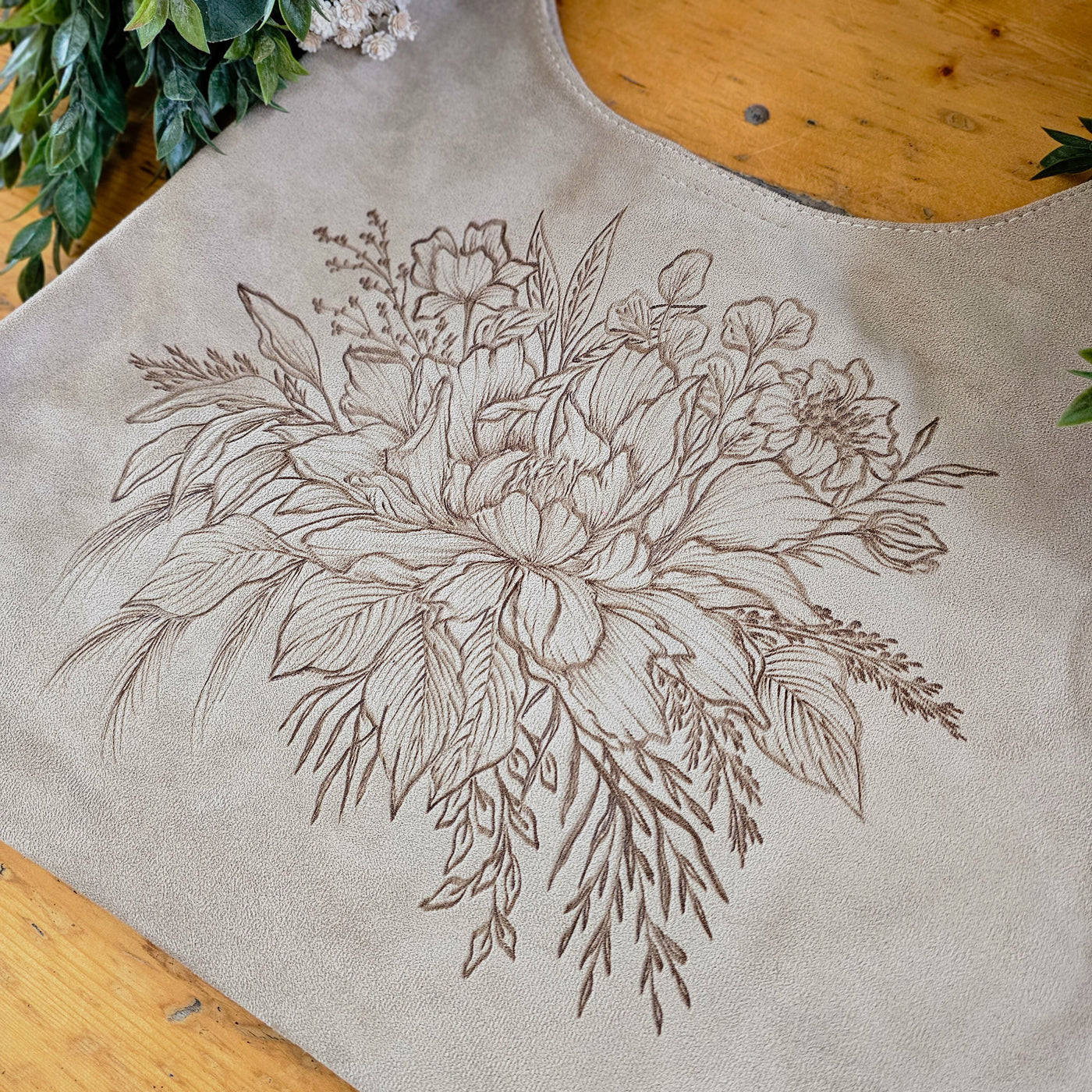 Peony Bouquet || Freehand Burned Design || Light Tan Color Suede Tote Bag