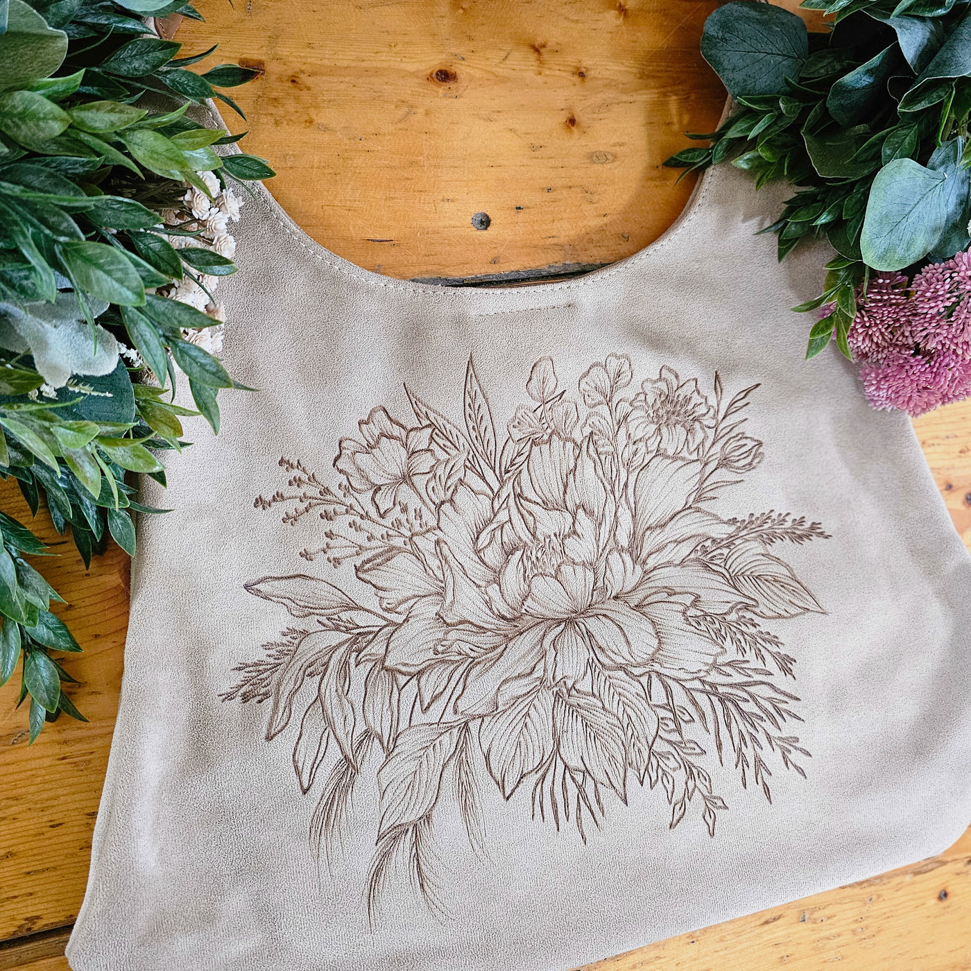 Peony Bouquet || Freehand Burned Design || Light Tan Color Suede Tote Bag