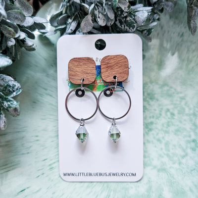 Aqua Czech Glass + Wood + Metal Stud Earrings