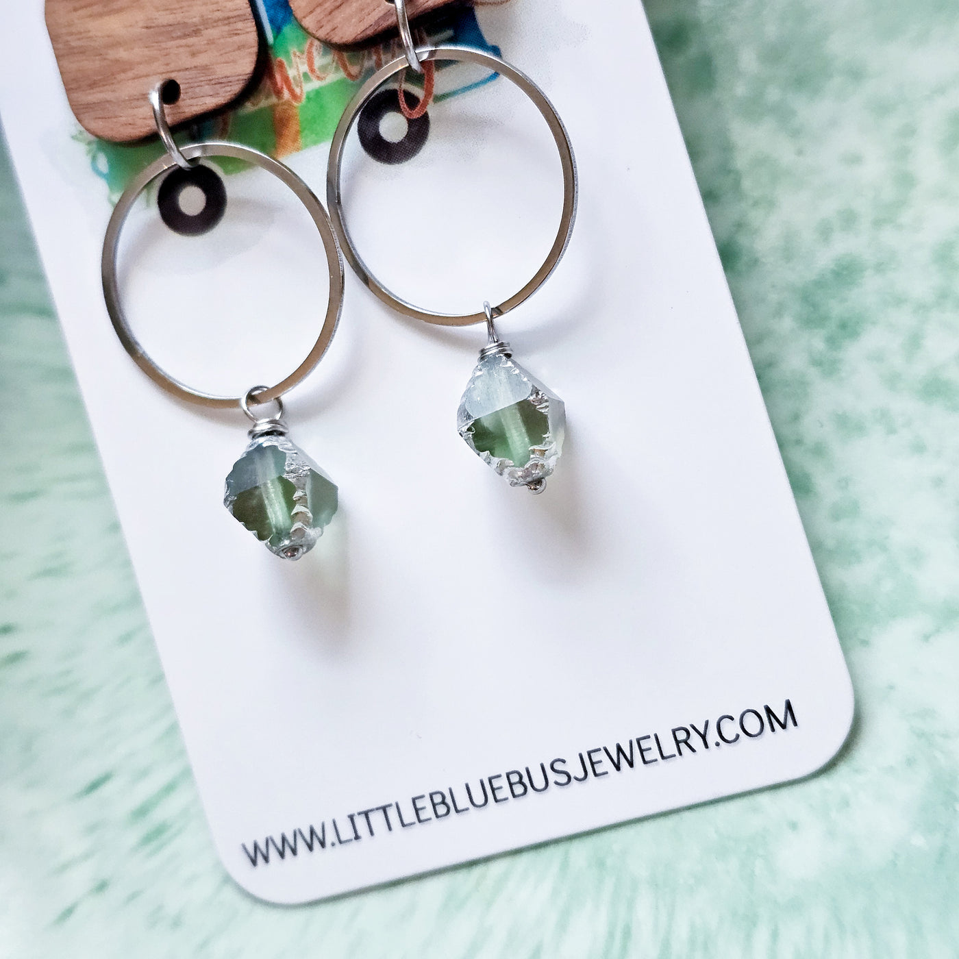 Aqua Czech Glass + Wood + Metal Stud Earrings