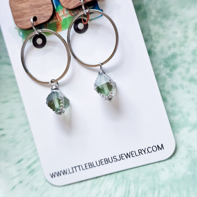 Aqua Czech Glass + Wood + Metal Stud Earrings