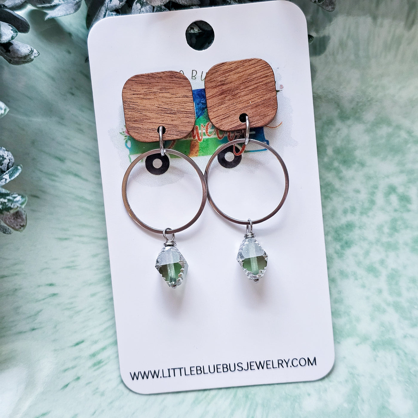 Aqua Czech Glass + Wood + Metal Stud Earrings