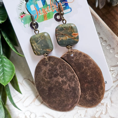 Picasso Jasper + Hammered Oxidized Brass Drop|| Earrings