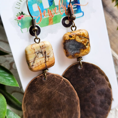 Picasso Jasper + Hammered Oxidized Brass Drop|| Earrings