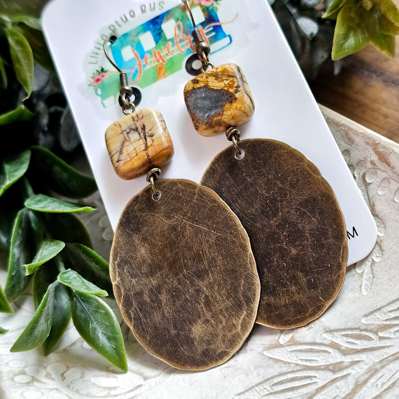 Picasso Jasper + Hammered Oxidized Brass Drop|| Earrings