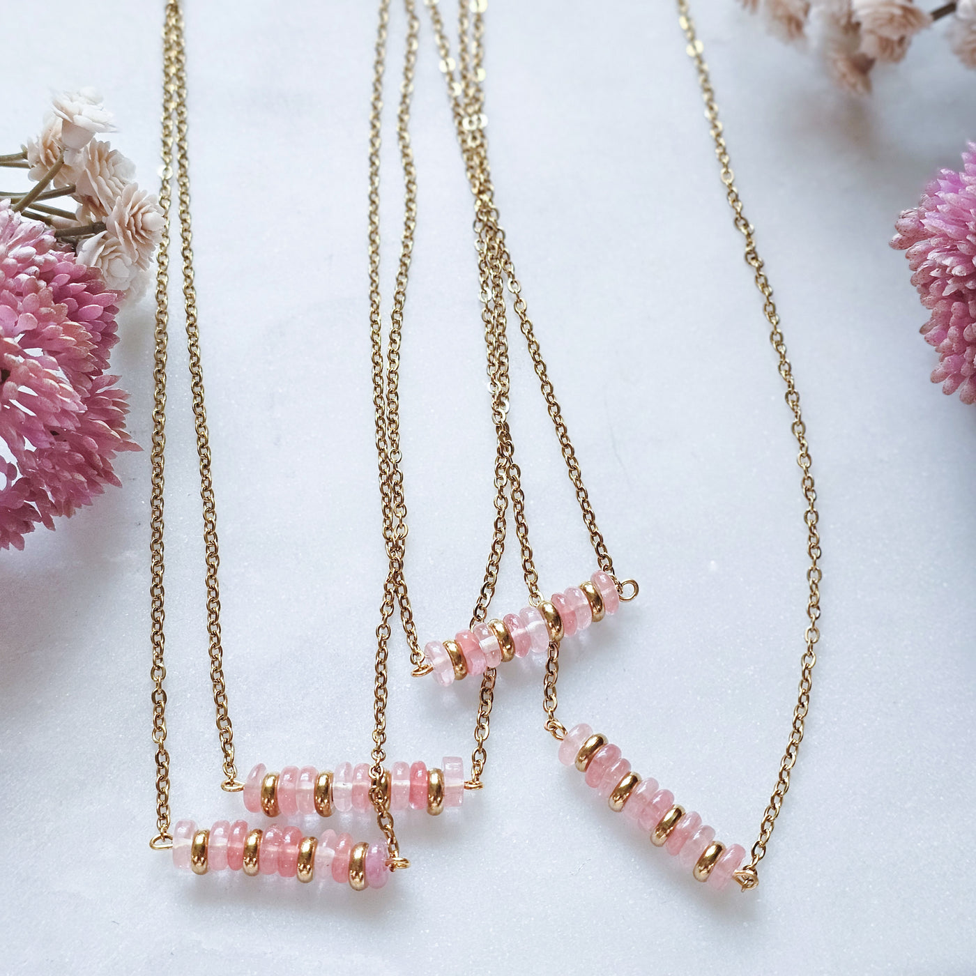 Cherry Quartz + Gold Beaded Bar || Necklace