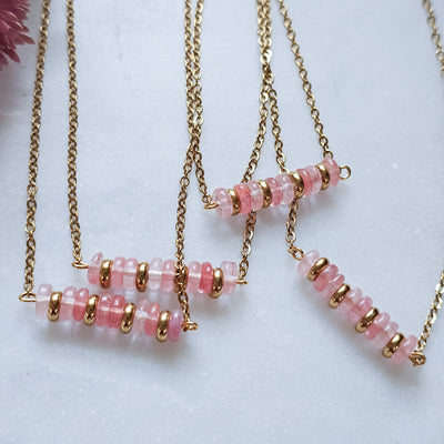 Cherry Quartz + Gold Beaded Bar || Necklace