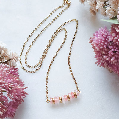 Cherry Quartz + Gold Beaded Bar || Necklace