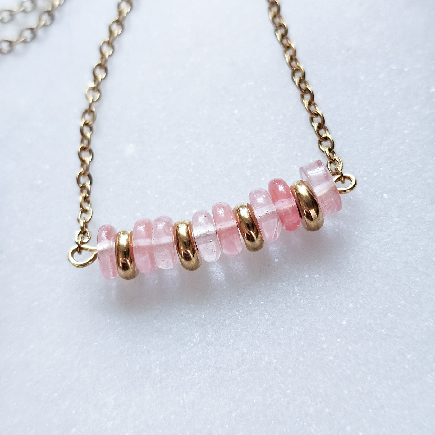 Cherry Quartz + Gold Beaded Bar || Necklace