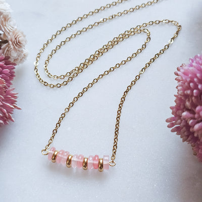 Cherry Quartz + Gold Beaded Bar || Necklace