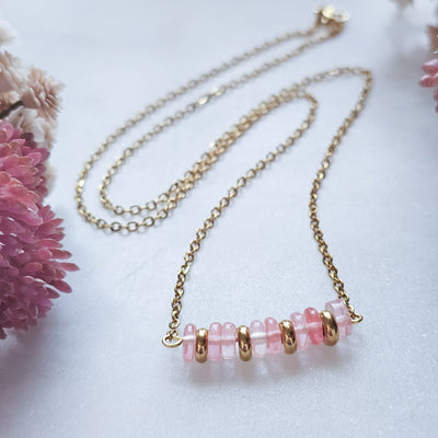 Cherry Quartz + Gold Beaded Bar || Necklace