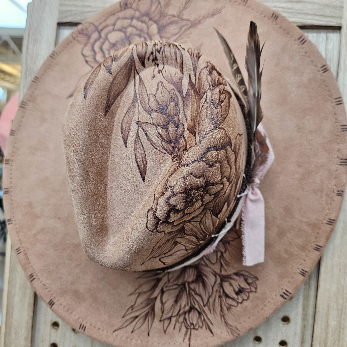 Floral Cascade || Tan Suede Burned Wide Brim Hat