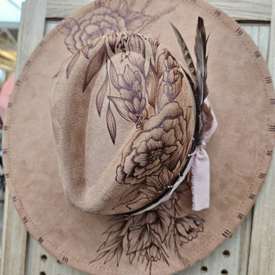 Floral Cascade || Tan Suede Burned Wide Brim Hat