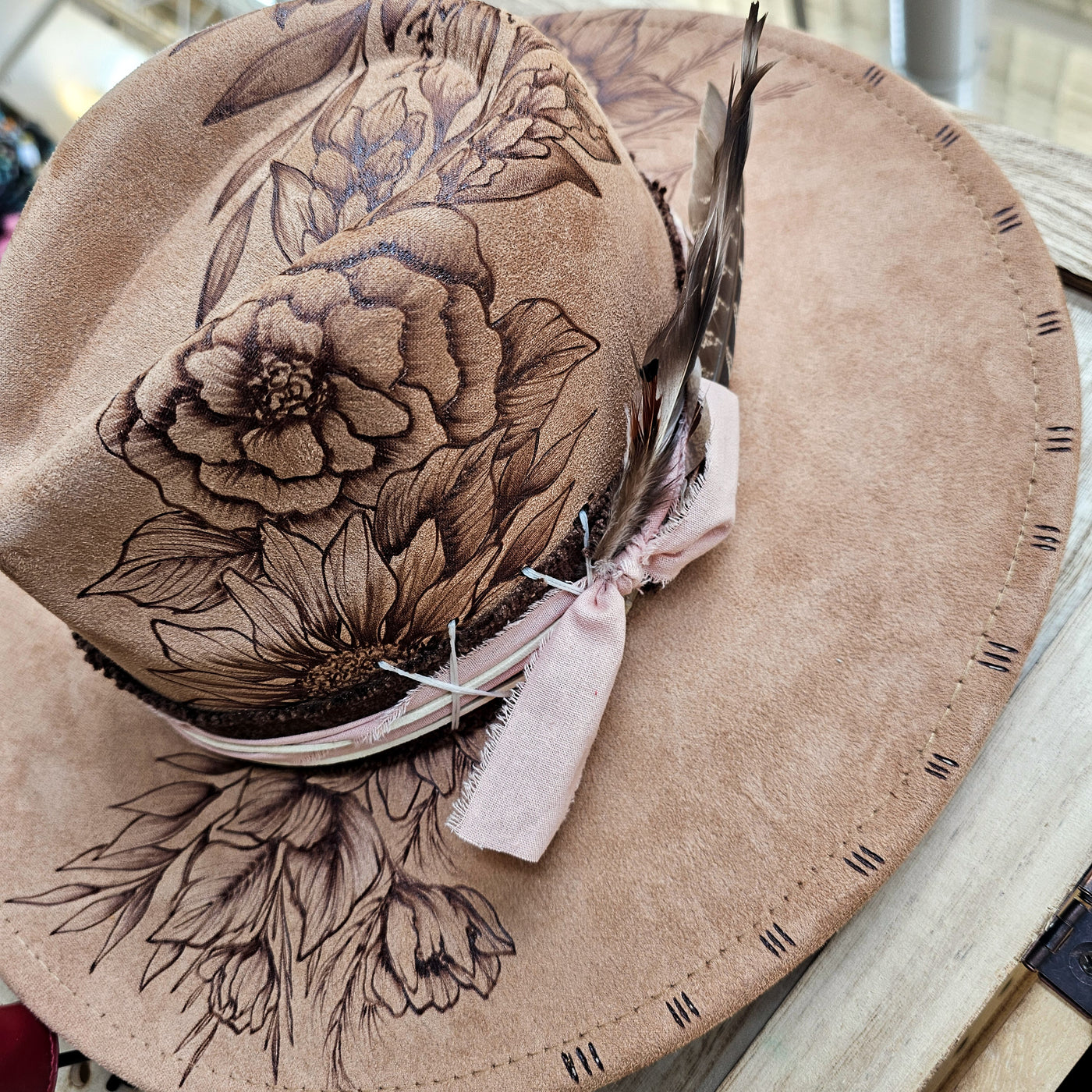 Floral Cascade || Tan Suede Burned Wide Brim Hat