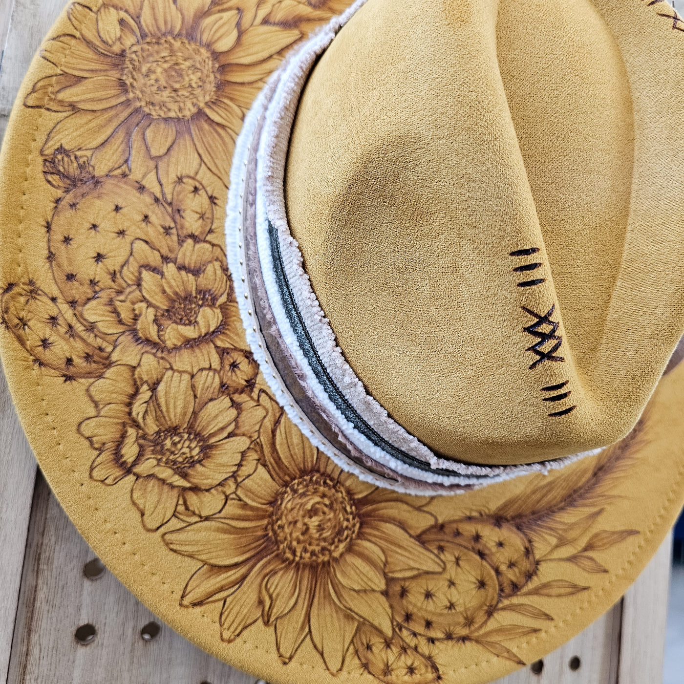Summertime || Mustard Suede Burned Wide Brim Hat