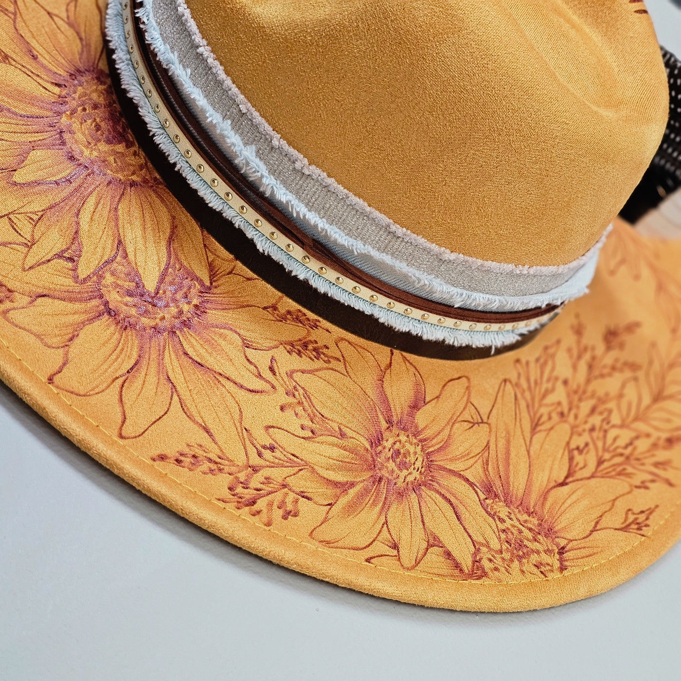 Sunflowers and Sass || Mustard Suede Burned Wide Brim Hat