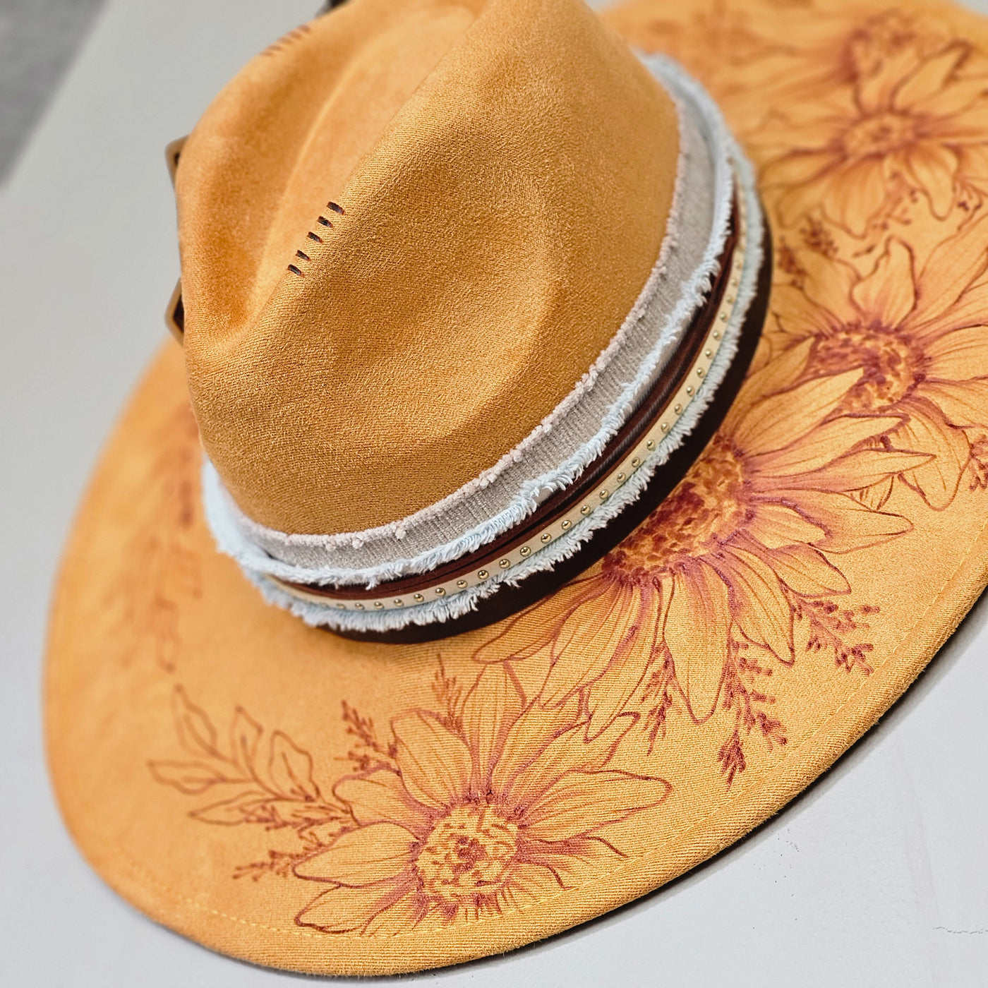 Sunflowers and Sass || Mustard Suede Burned Wide Brim Hat