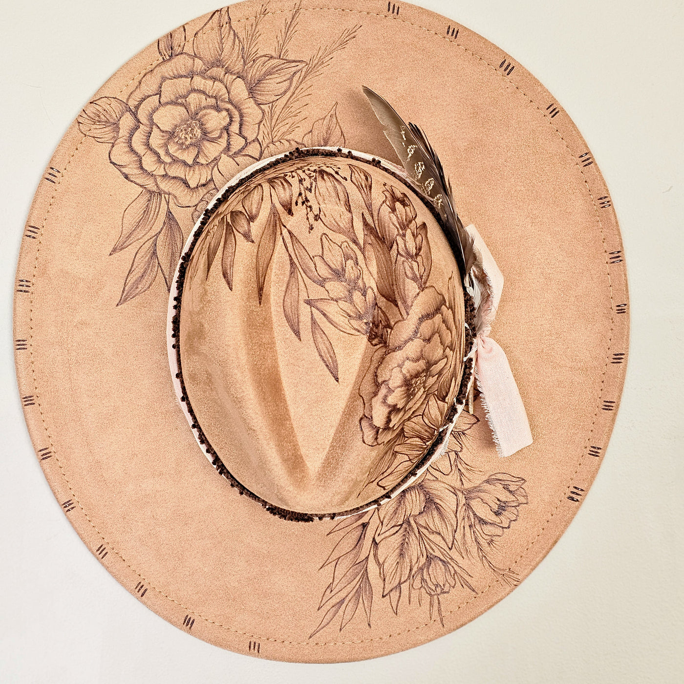 Floral Cascade || Tan Suede Burned Wide Brim Hat