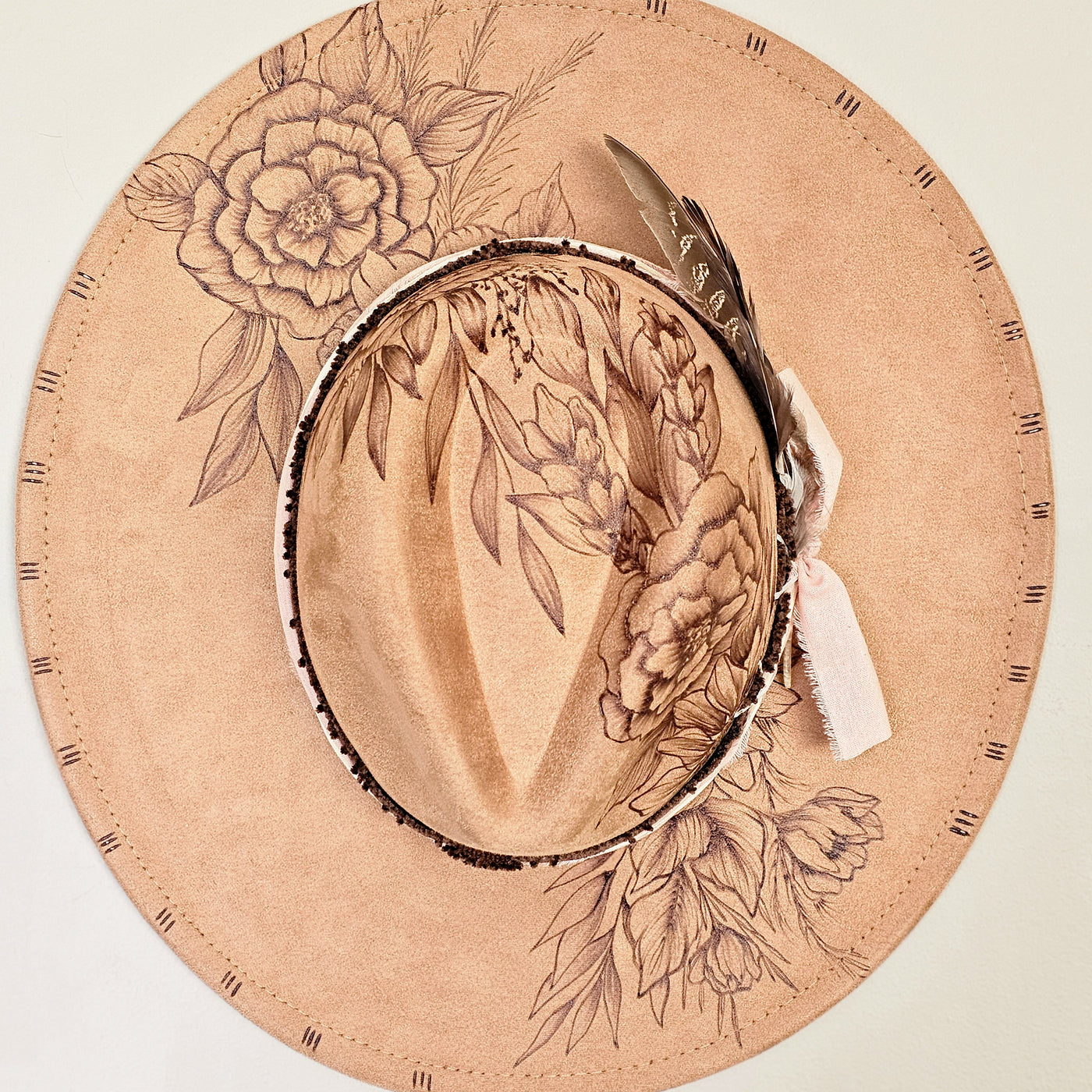 Floral Cascade || Tan Suede Burned Wide Brim Hat