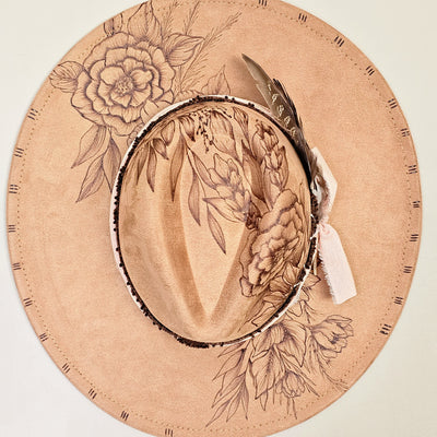 Floral Cascade || Tan Suede Burned Wide Brim Hat
