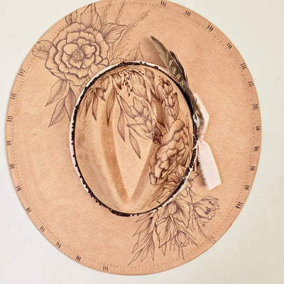 Floral Cascade || Tan Suede Burned Wide Brim Hat